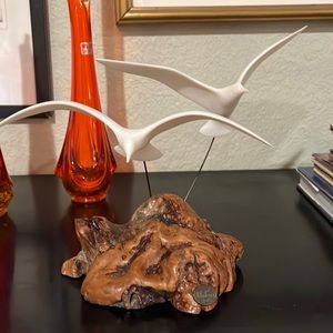 MCM Two Seagull Sculpture on Burlwood designed & signed by John Perry 10” X 13”